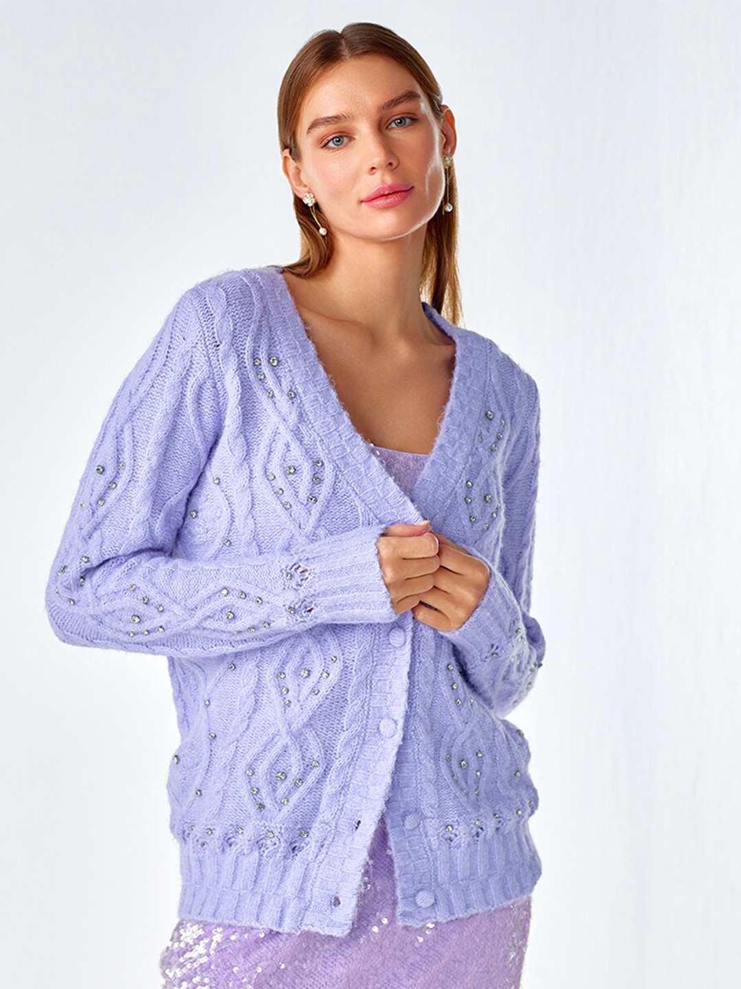 

COVER STORY Self Designed V-Neck Cardigan, Lavender