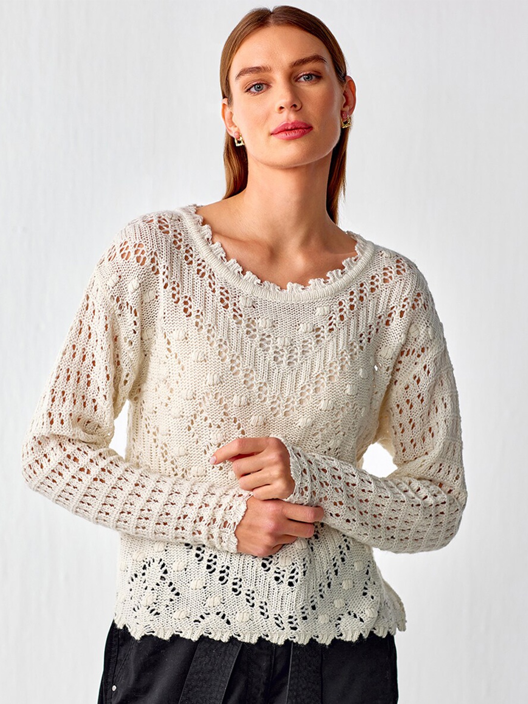 

COVER STORY Open Knit Self Design Pullover, White
