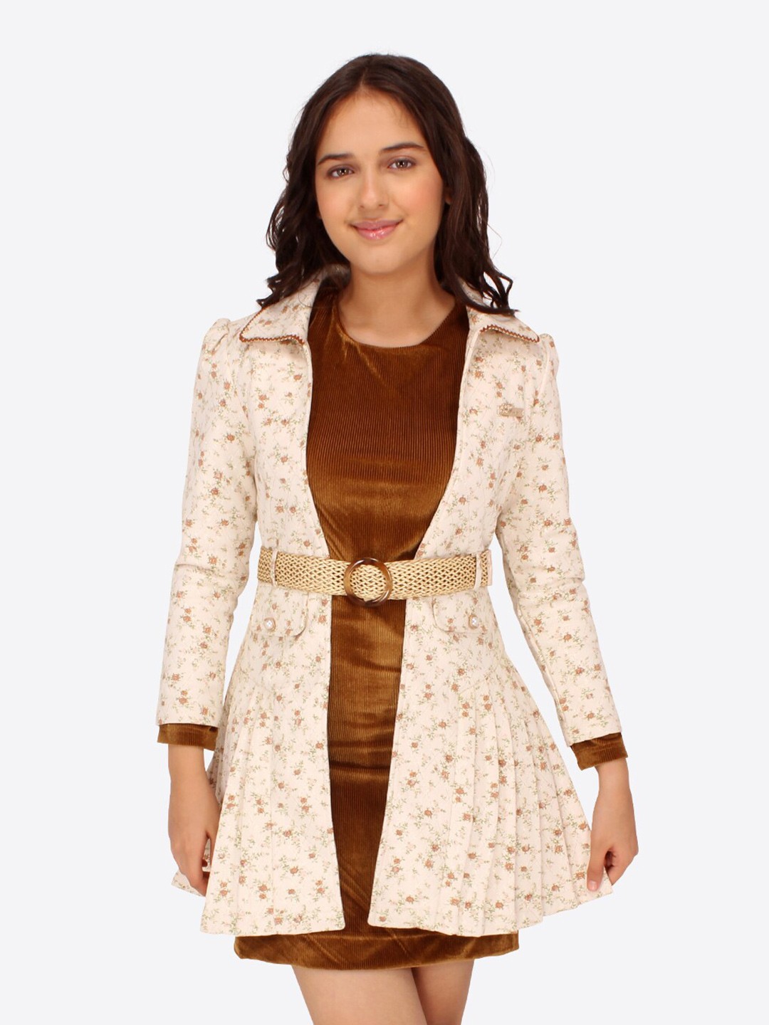 CUTECUMBER Girls Round Neck Long Sleeves Sheath Dress With Printed Jacket & Belt, Brown