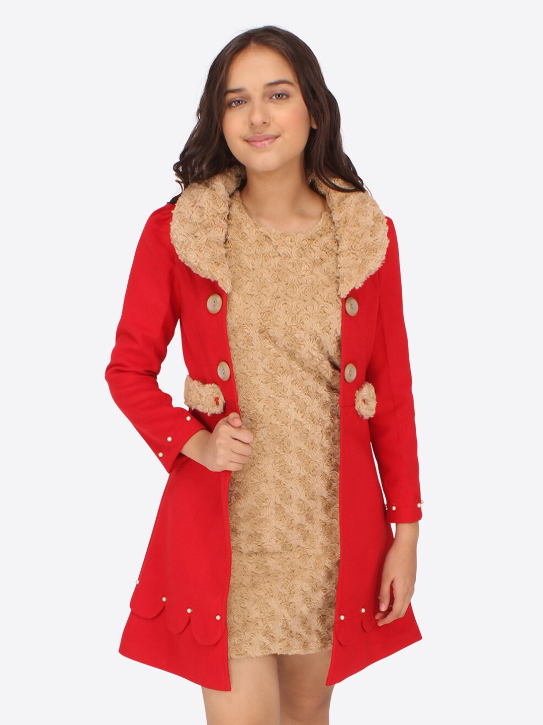 

CUTECUMBER Self Design Sheath Dress WIth Jacket, Beige
