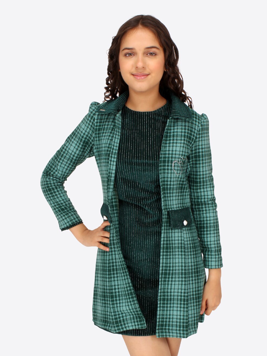 

CUTECUMBER Girls Checked Velvet A-Line Dress, Green