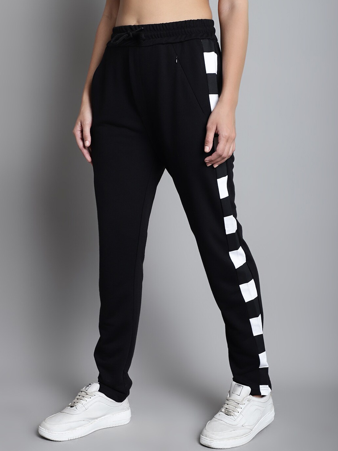 DressBerry Women Black & White Cotton Mid-Rise Side Stripes Regular Trousers