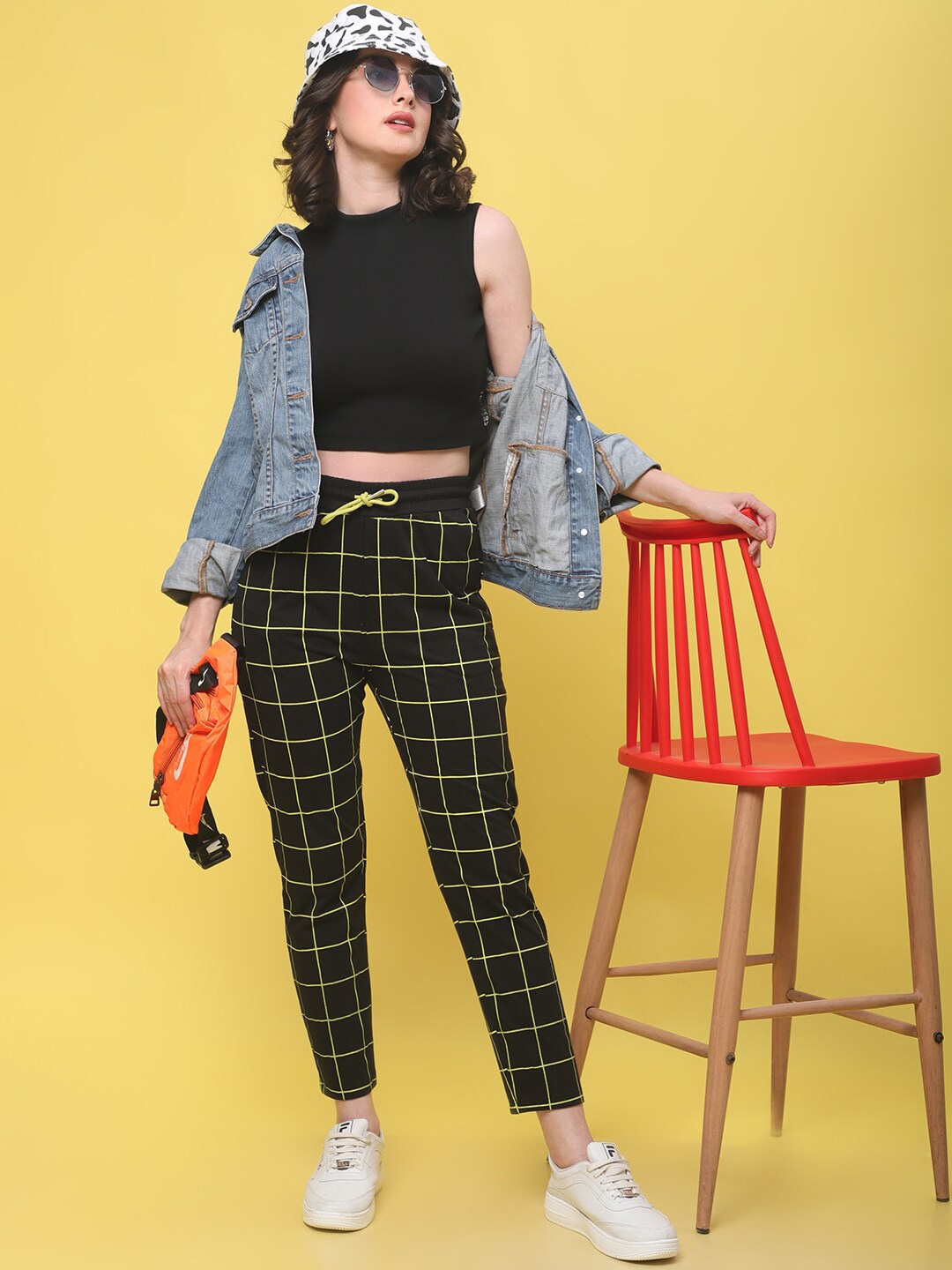 

DressBerry Women Black Checked Relaxed-Fit Cotton Track Pants