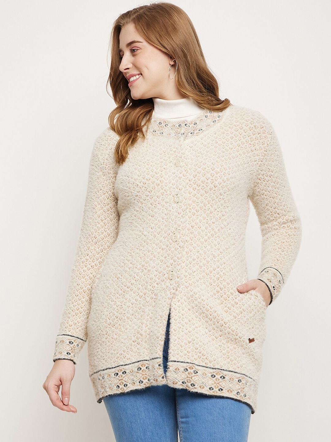

Duke Geometric Self Design Acrylic Cardigan Sweater, Beige
