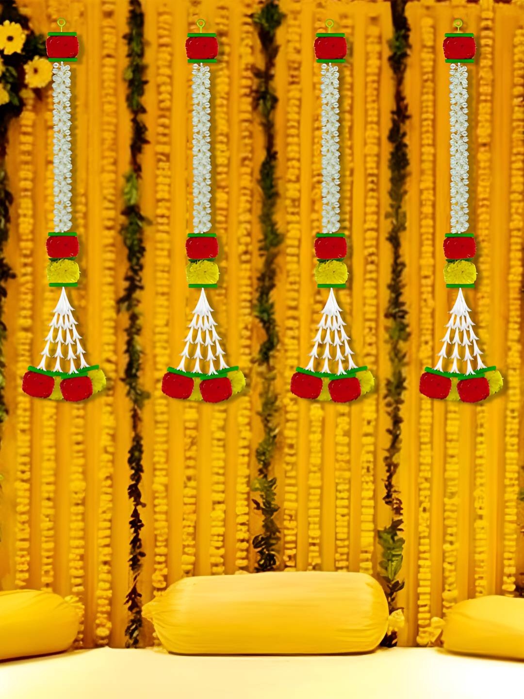 iHandikart Yellow & Red 5 Pieces Hanging Marigold Artificial Flower