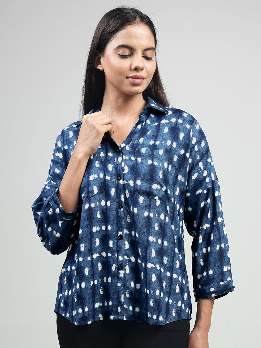 

IDK Abstract Printed Cuffed Sleeves Shirt Style Top, Blue