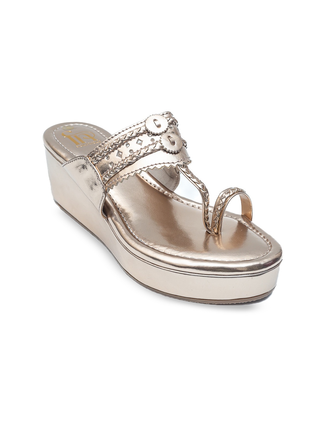 

Dapper Feet-Fancy Nancy Ethnic Textured Embellished Flatform Heels, Rose gold