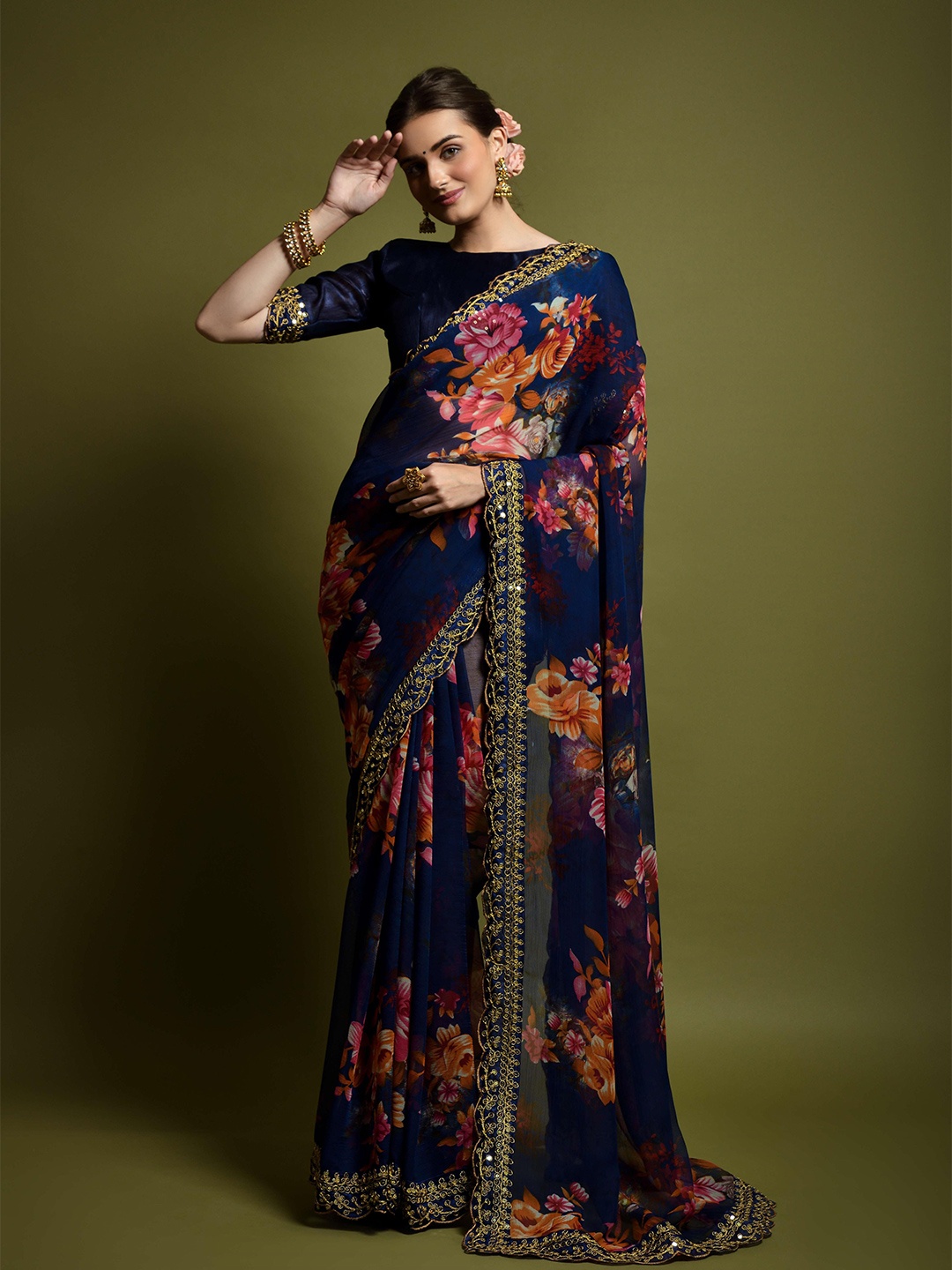 DWINI Floral Embroidered Pure Georgette Saree, Navy blue