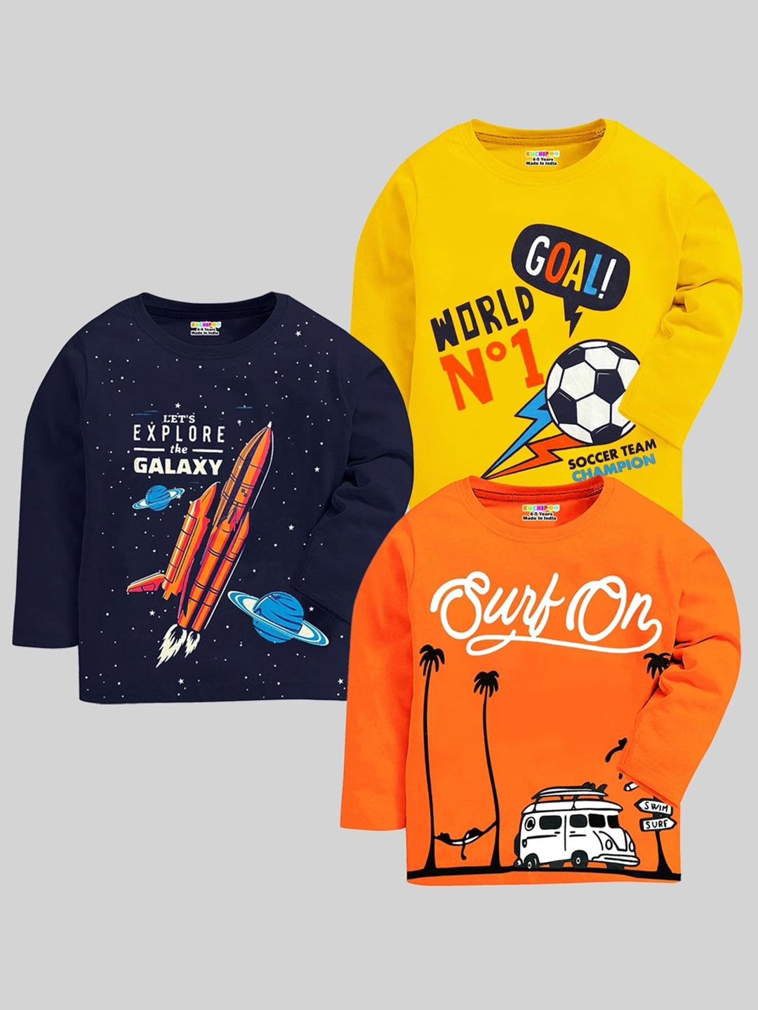 KUCHIPOO Kids Pack Of 3 Typography Printed Cotton T-shirts, Orange