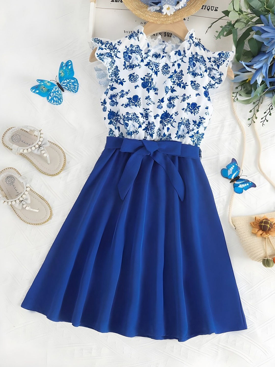 

BAESD Girls Floral Printed Cotton Ruffled Fit & Flare Dress With Belt, Blue