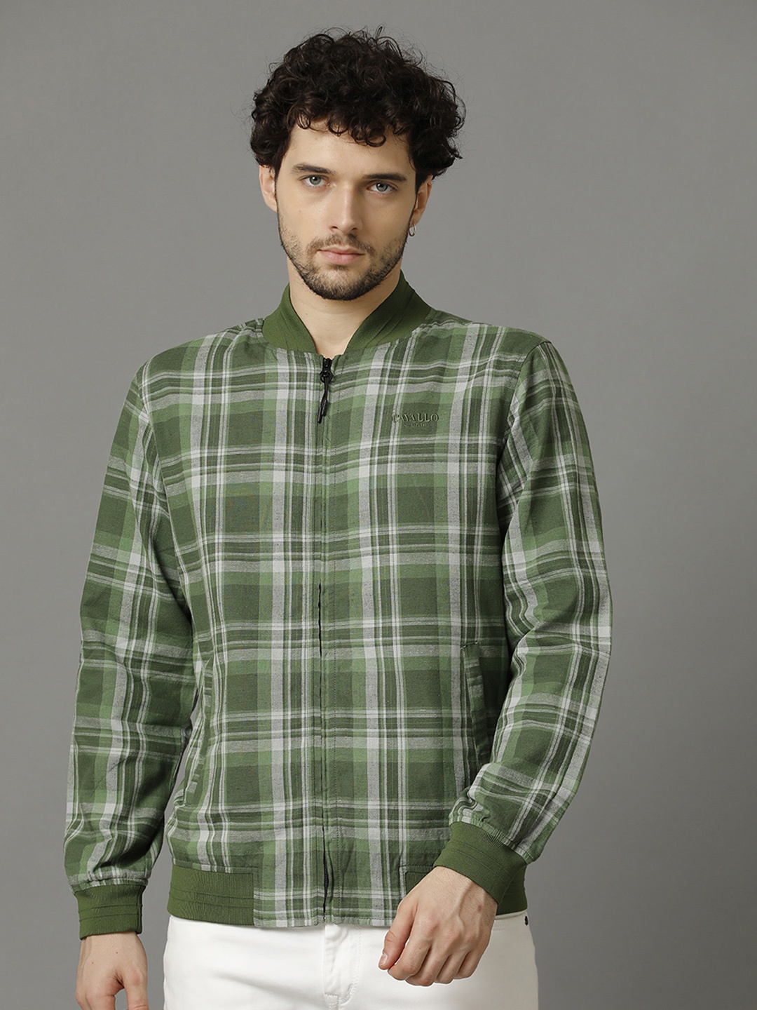 

CAVALLO by Linen Club Checked Cotton & Linen Lightweight Antimicrobial Bomber Jacket, Green