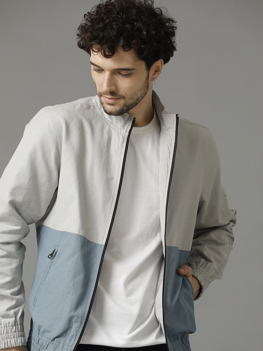 

CAVALLO by Linen Club Colourblocked Cotton & Linen Lightweight Antimicrobial Bomber Jacket, Grey
