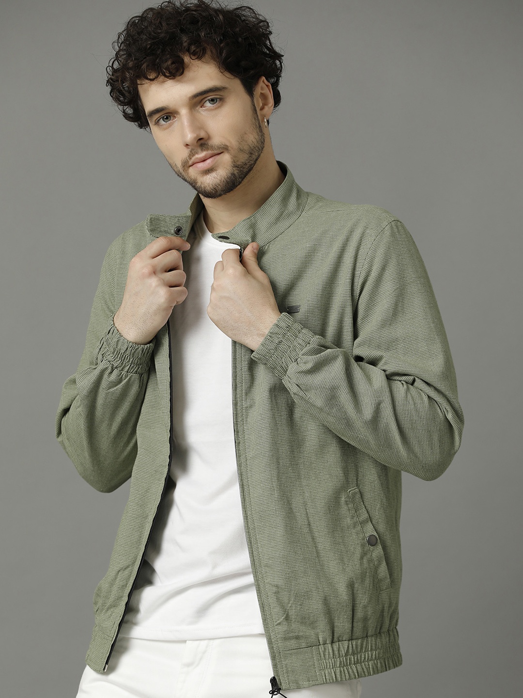 

CAVALLO by Linen Club Mock Collar Cotton & Linen Lightweight Antimicrobial Bomber Jacket, Green