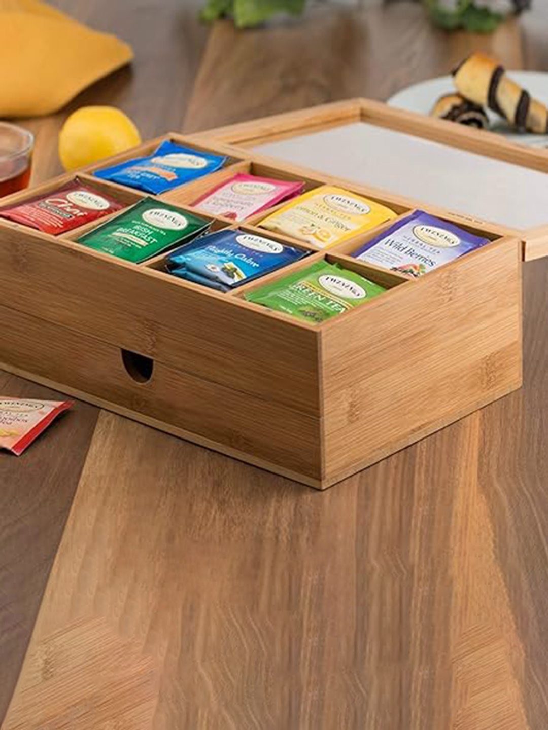 

WHITEWHALE Wooden Tea Box Storage Organizer, Brown