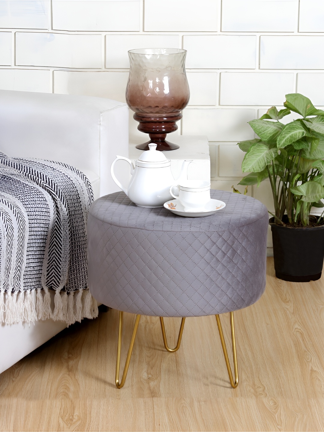 

Shadowkart Checked Wooden Round Ottoman, Grey
