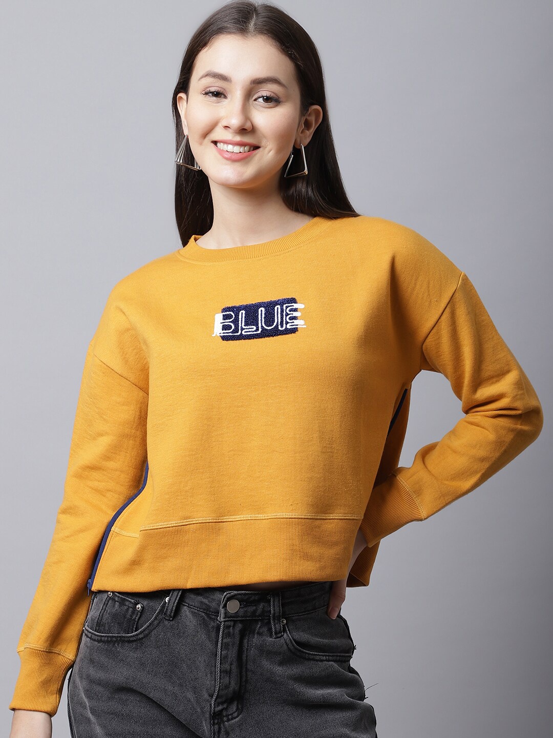 

DressBerry Typography Embroidered Cotton Pullover, Mustard