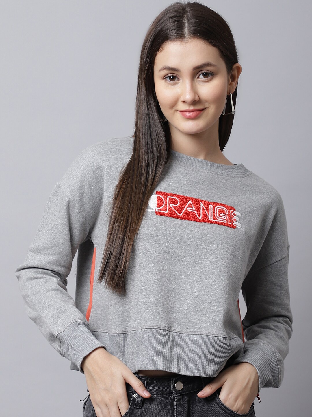 

DressBerry Typography Embroidered Cotton Pullover, Grey melange