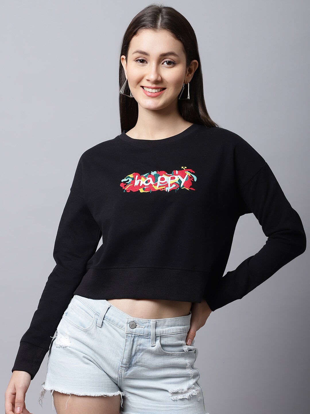 

DressBerry Typography Embroidered Cotton Pullover, Black