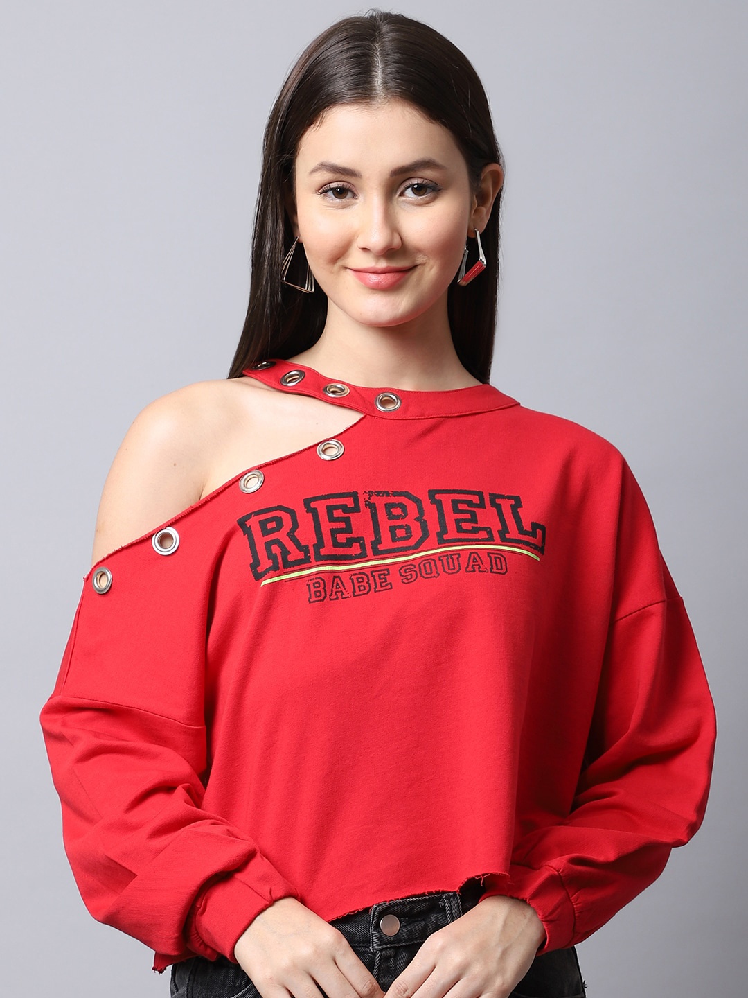 

DressBerry Typography Printed Off Shoulder Cotton Pullover, Red