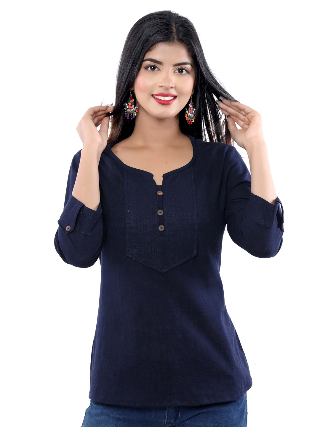 

BAESD Roll-Up Sleeves Pure Cotton Top, Blue