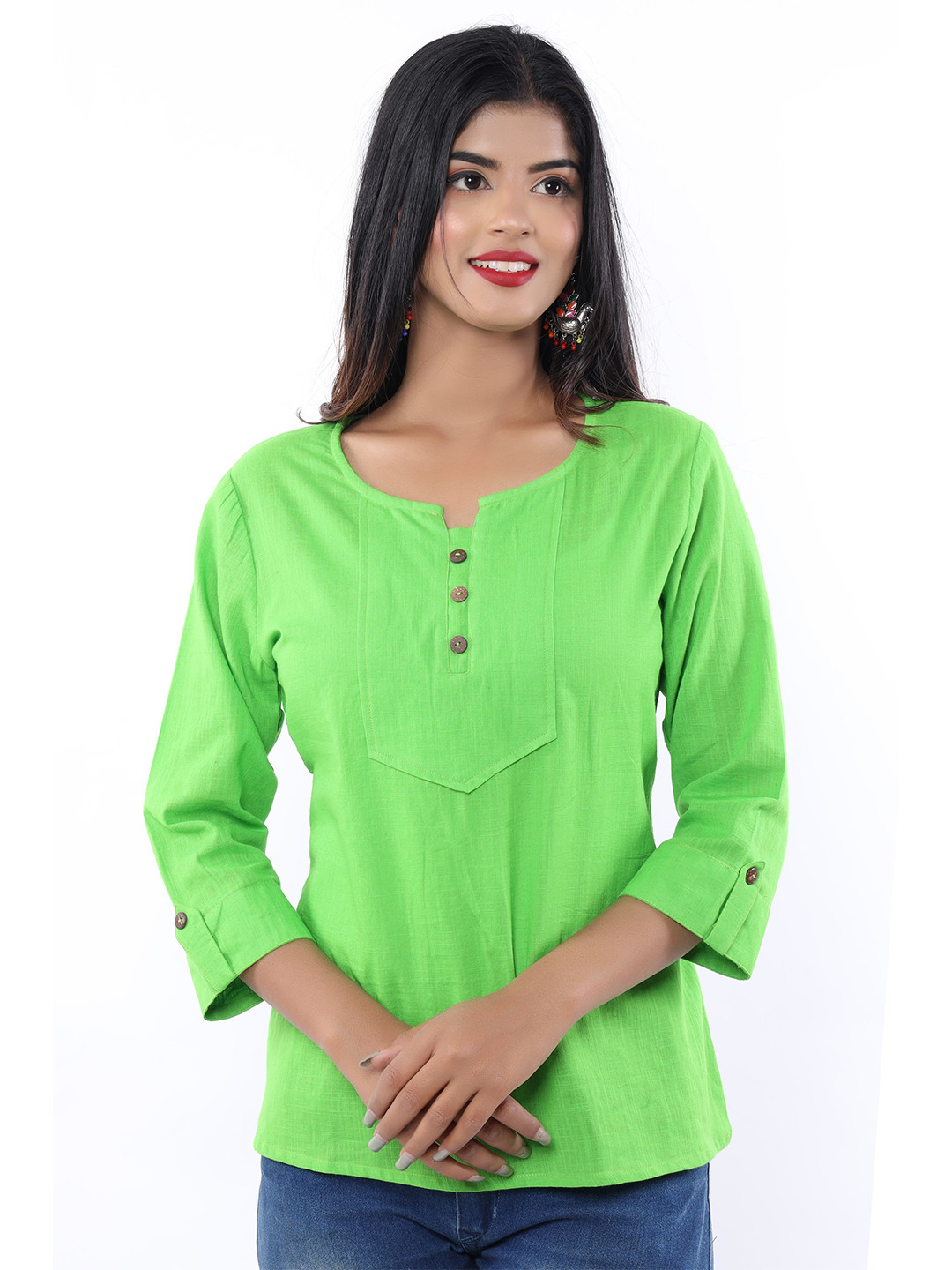 

BAESD Roll-Up Sleeves Pure Cotton Top, Green