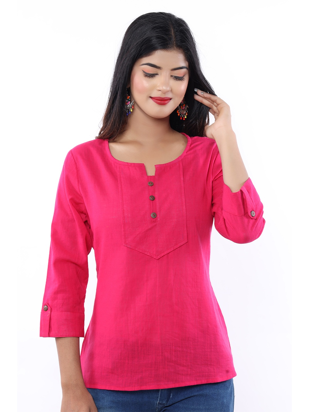 

BAESD Round Notched Neck Roll-Up Sleeves Cotton Ethnic Top, Pink