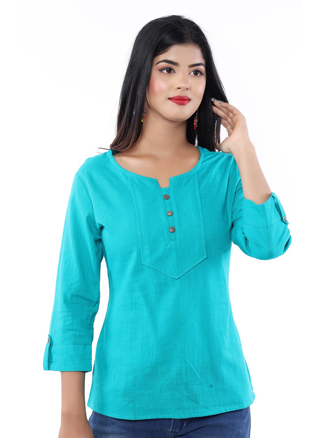 

BAESD Round Notched Neck Roll-Up Sleeves Cotton Ethnic Top, Turquoise blue
