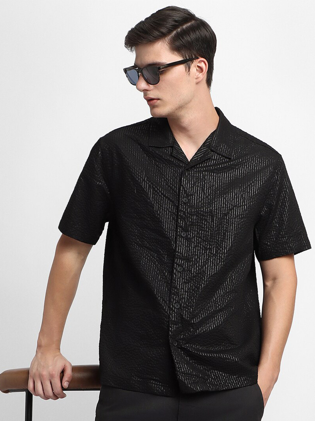 

Dennis Lingo Textured Cuban Collar Casual Shirt, Black