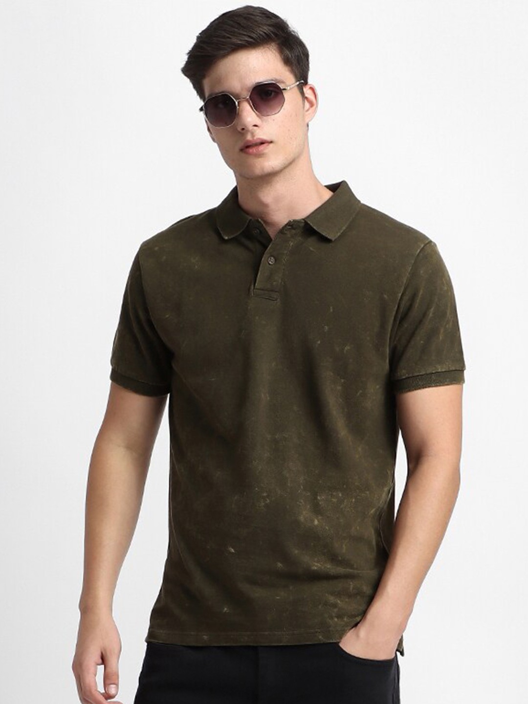 

Dennis Lingo Abstract Printed Polo Collar Pure Cotton Casual T-shirt, Olive