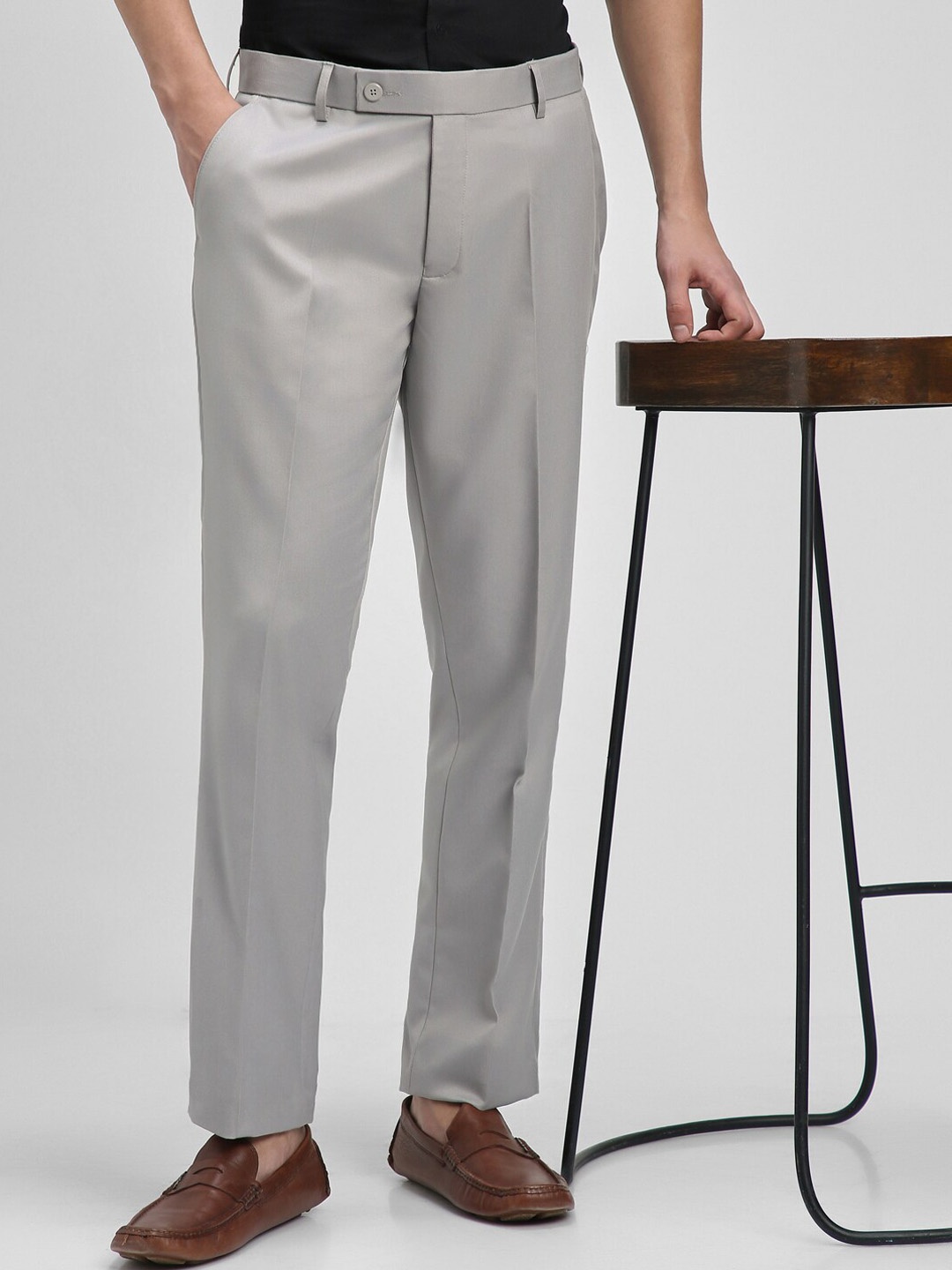 

Dennis Lingo Men Mid-Rise Smart Tapered Fit Formal Trousers, Grey