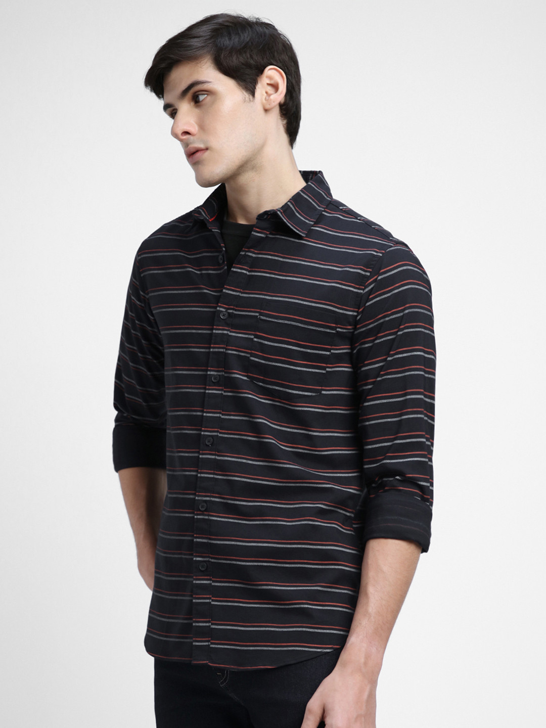 

Dennis Lingo Striped Spread Collar Long Sleeves Cotton Slim Fit Casual Shirt, Navy blue