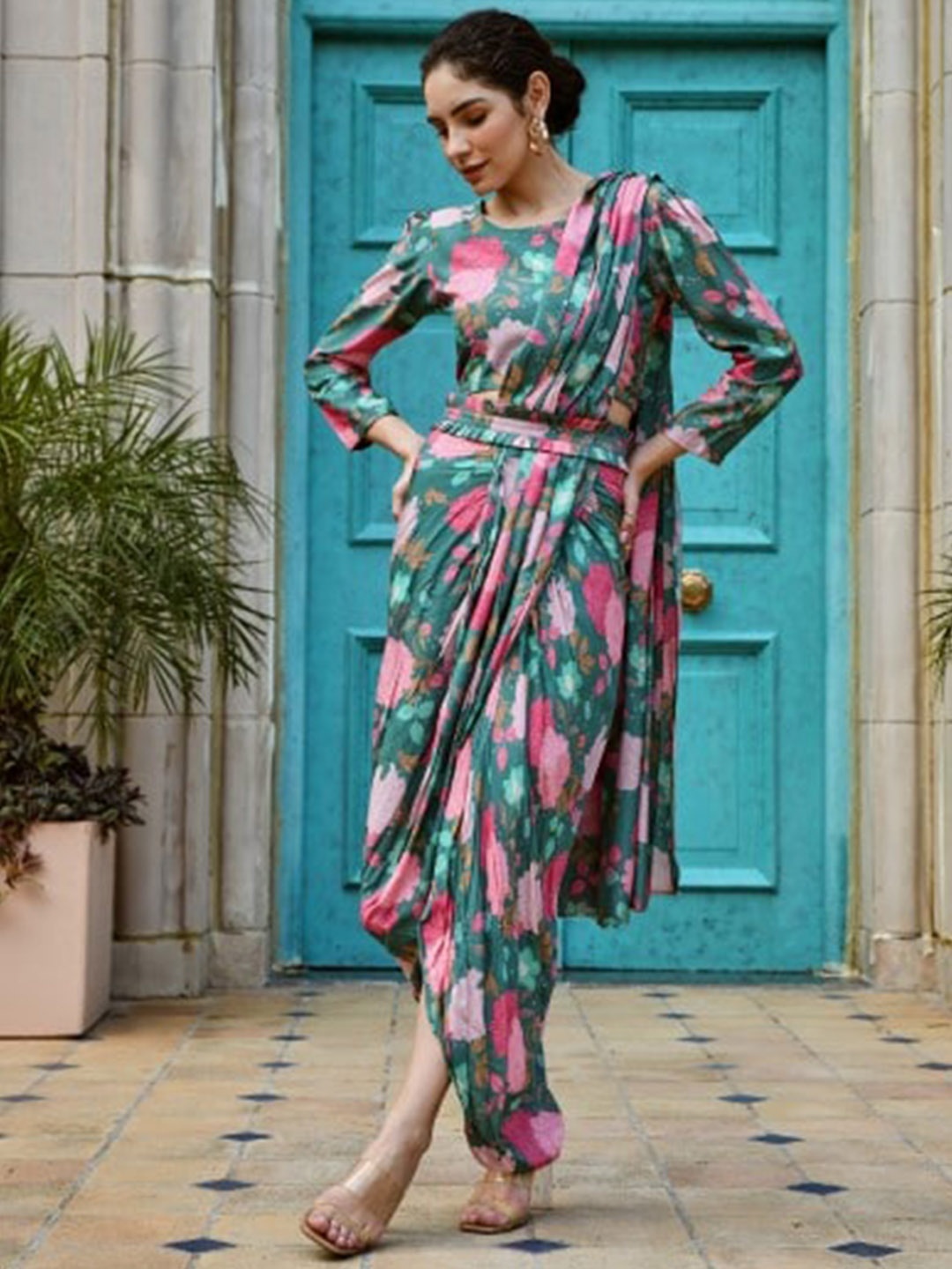 

KARAJ JAIPUR Floral Printed Ready to Wear Saree, Teal