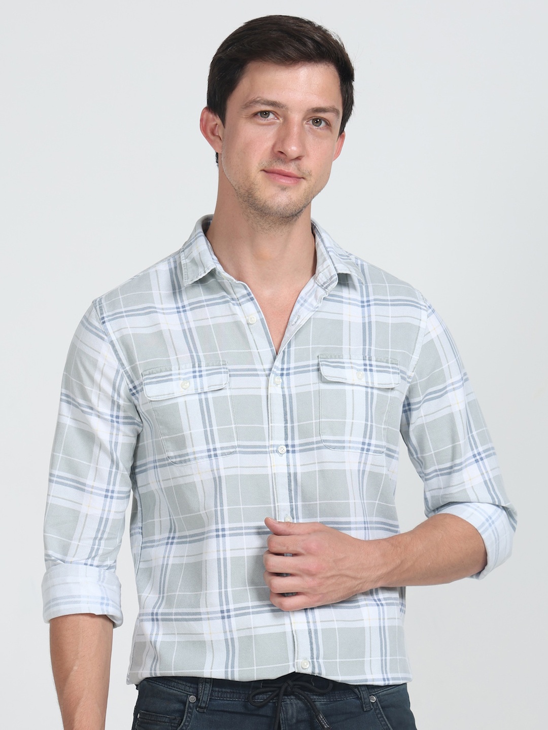 

POE Smart Slim Fit Checked Pure Cotton Casual Shirt, Green