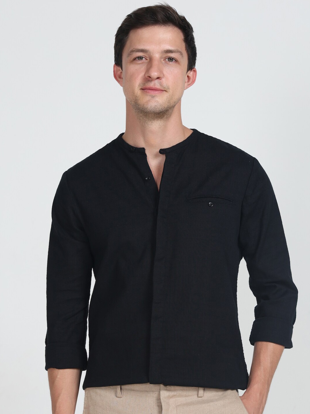 

POE Smart Slim Fit Band Collar Pure Cotton Casual Shirt, Black