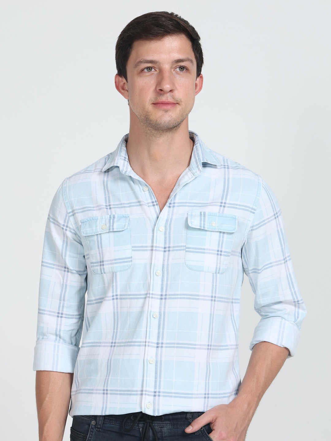 

POE Smart Slim Fit Checked Pure Cotton Casual Shirt, Blue