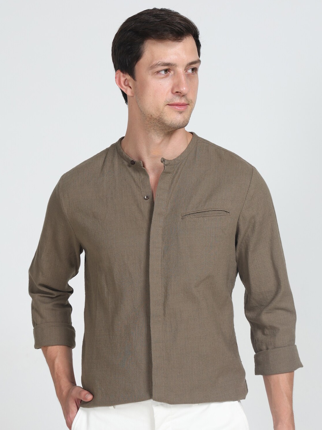 

POE Smart Slim Fit Band Collar Pure Cotton Casual Shirt, Khaki