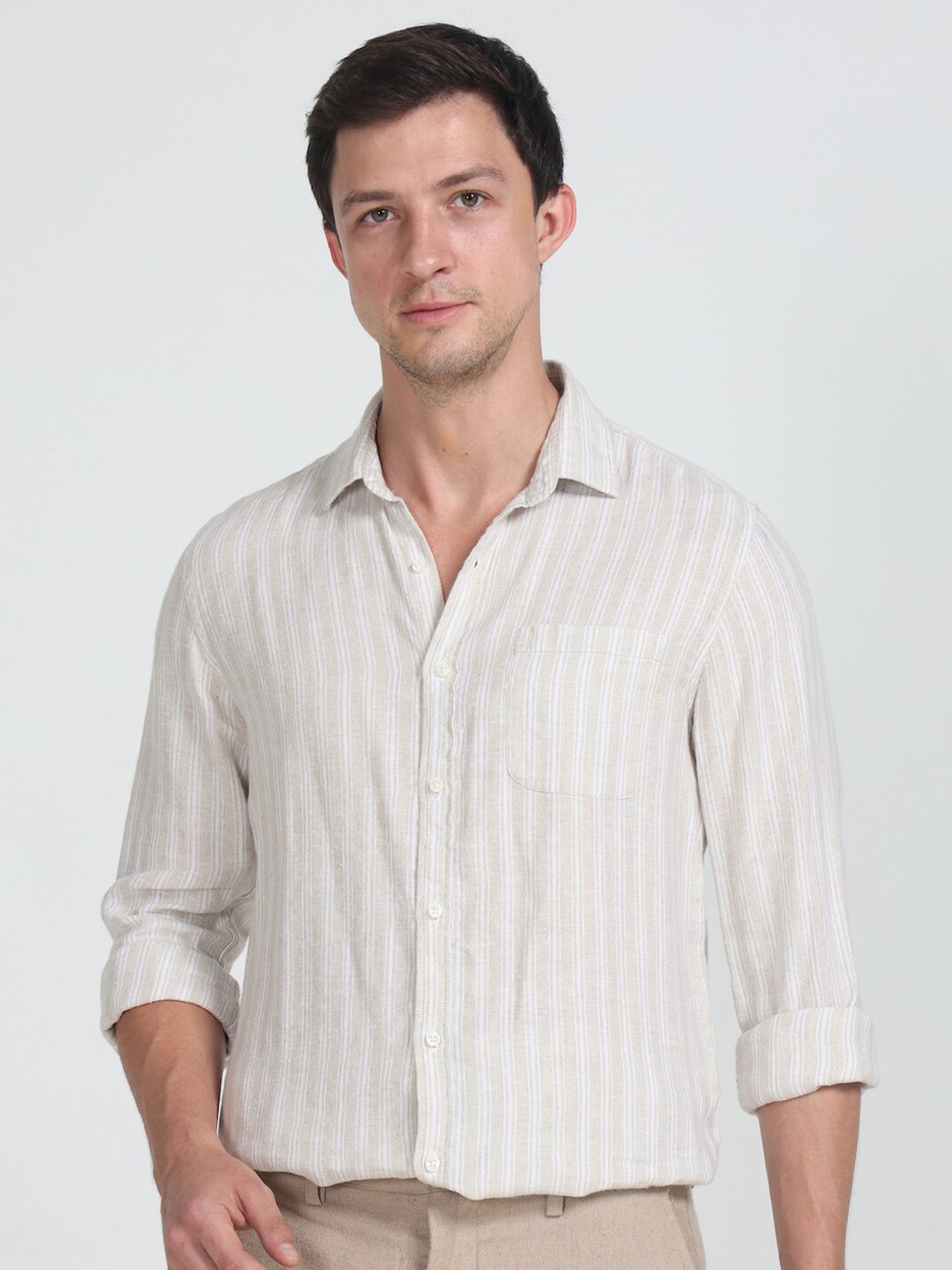 

POE Smart Slim Fit Vertical Striped Pure Linen Casual Shirt, Beige