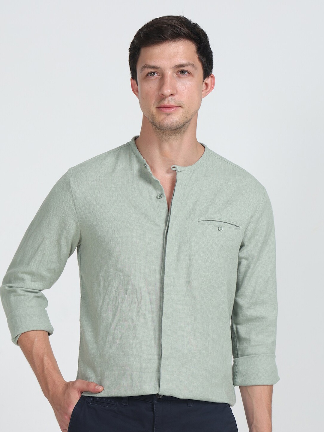 

POE Smart Slim Fit Band Collar Pure Cotton Casual Shirt, Green
