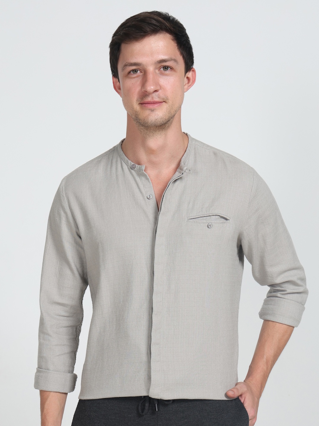 

POE Smart Slim Fit Band Collar Pure Cotton Casual Shirt, Grey