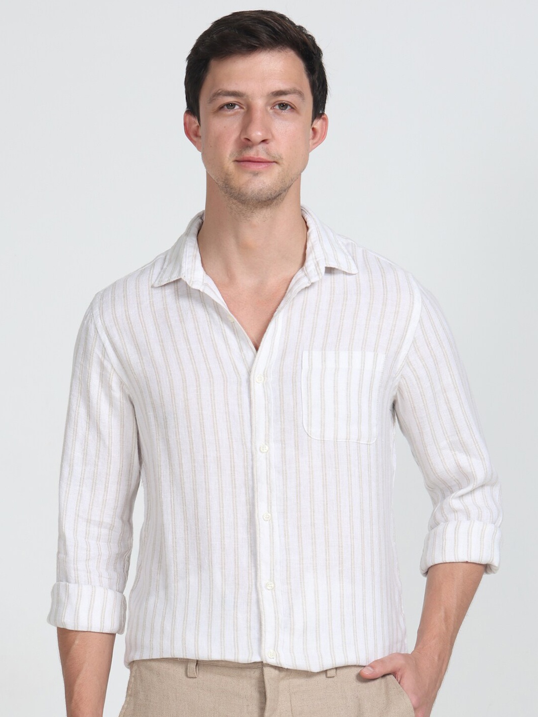

POE Smart Slim Fit Vertical Striped Pure Linen Casual Shirt, White