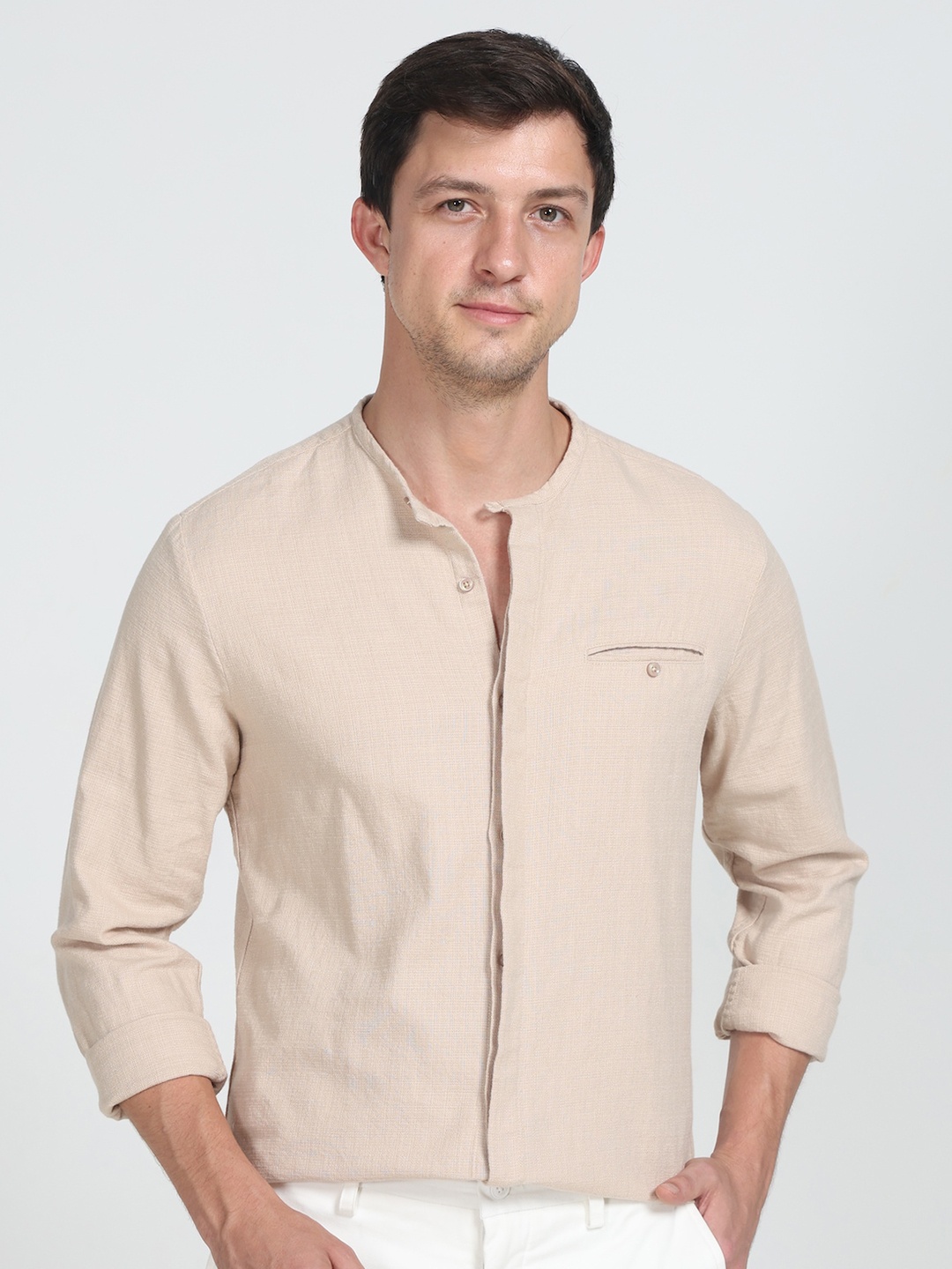 POE Smart Slim Fit Band Collar Pure Cotton Casual Shirt, Beige