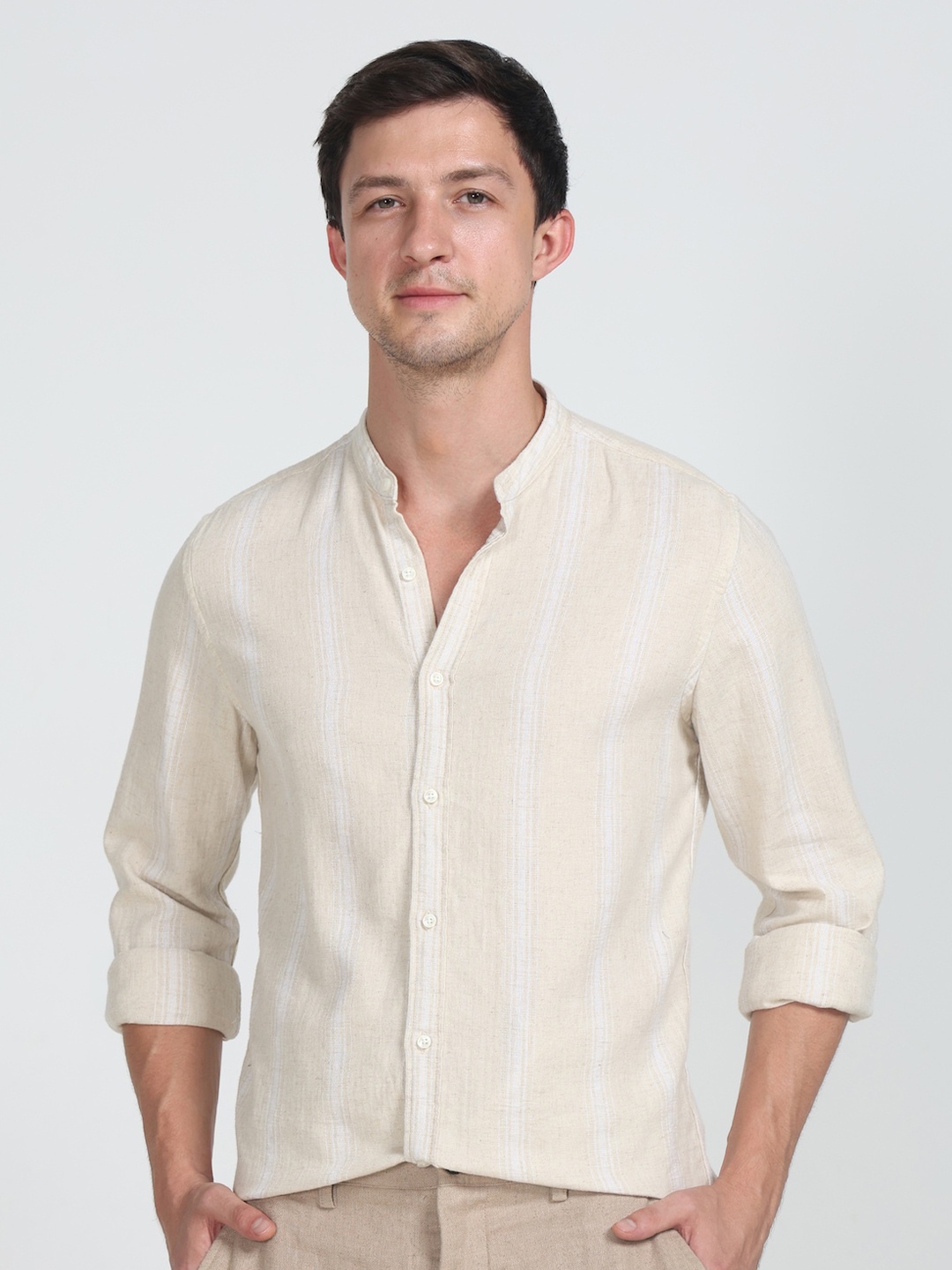 

POE Smart Slim Fit Vertical Striped Band Collar Pure Linen Casual Shirt, Beige
