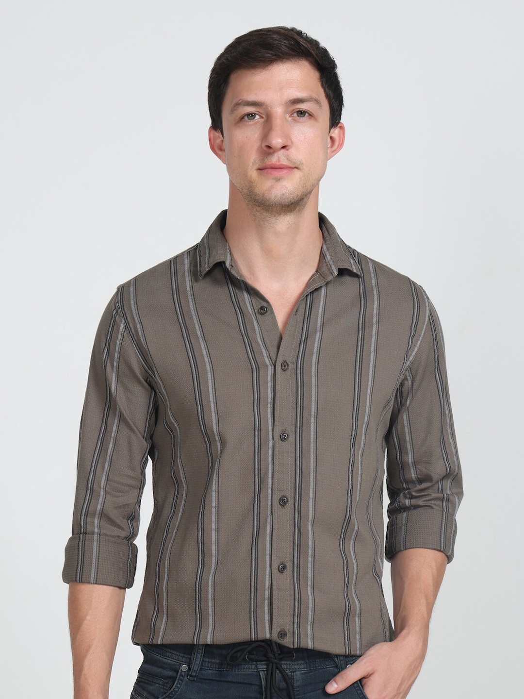

POE Smart Slim Fit Vertical Striped Spread Collar Casual Shirt, Olive