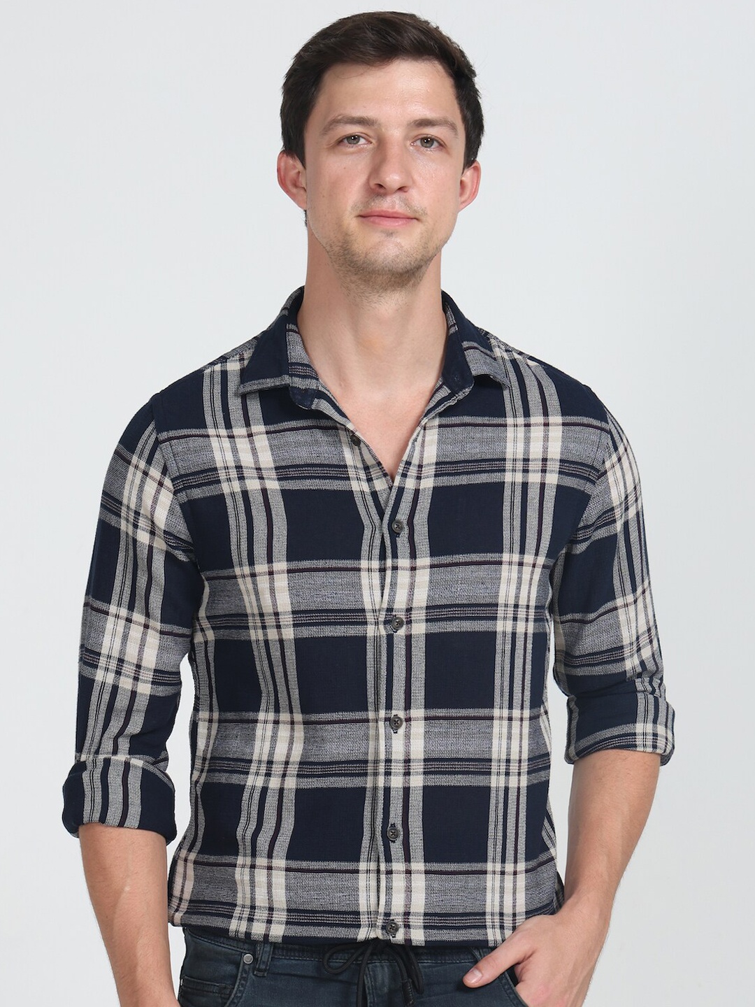 

POE Smart Slim Fit Tartan Checked Spread Collar Pure Cotton Casual Shirt, Navy blue