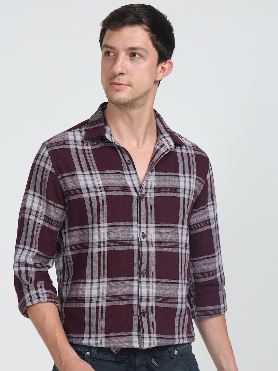 

POE Smart Slim Fit Tartan Checked Spread Collar Pure Cotton Casual Shirt, Burgundy