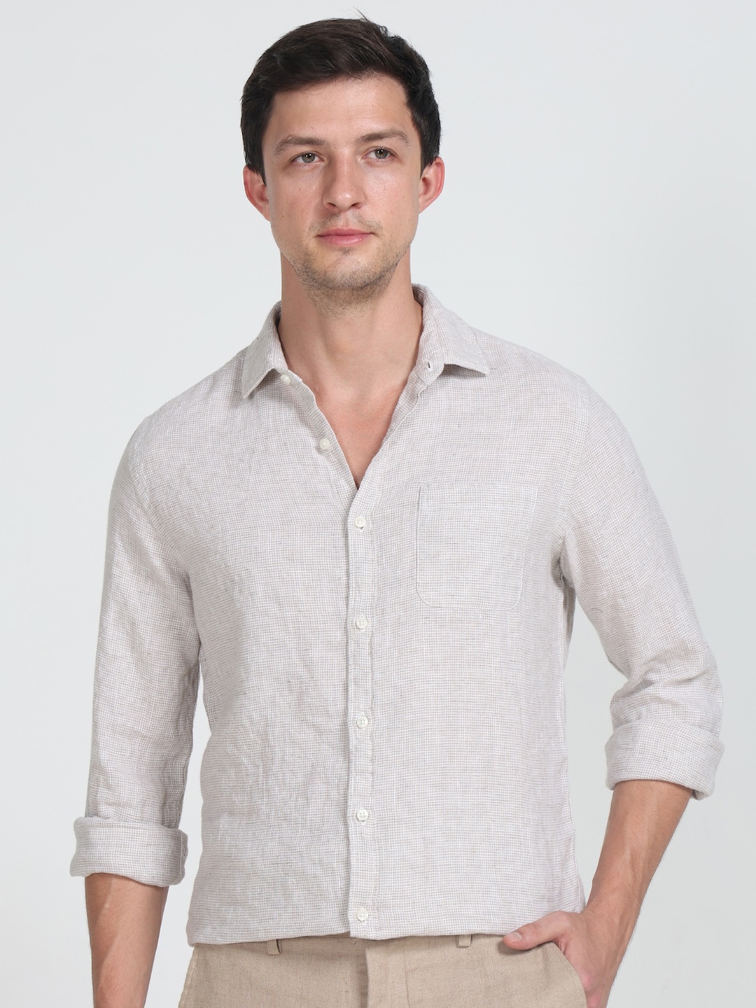 

POE Smart Slim Fit Checked Spread Collar Pure Linen Casual Shirt, Beige