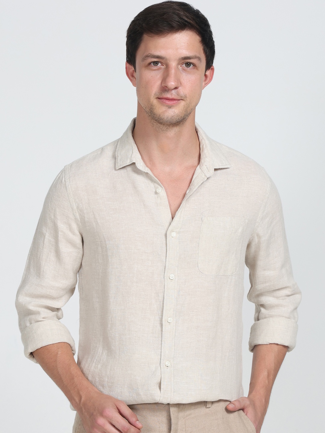 

POE Smart Slim Fit Spread Collar Pure Linen Casual Shirt, Beige