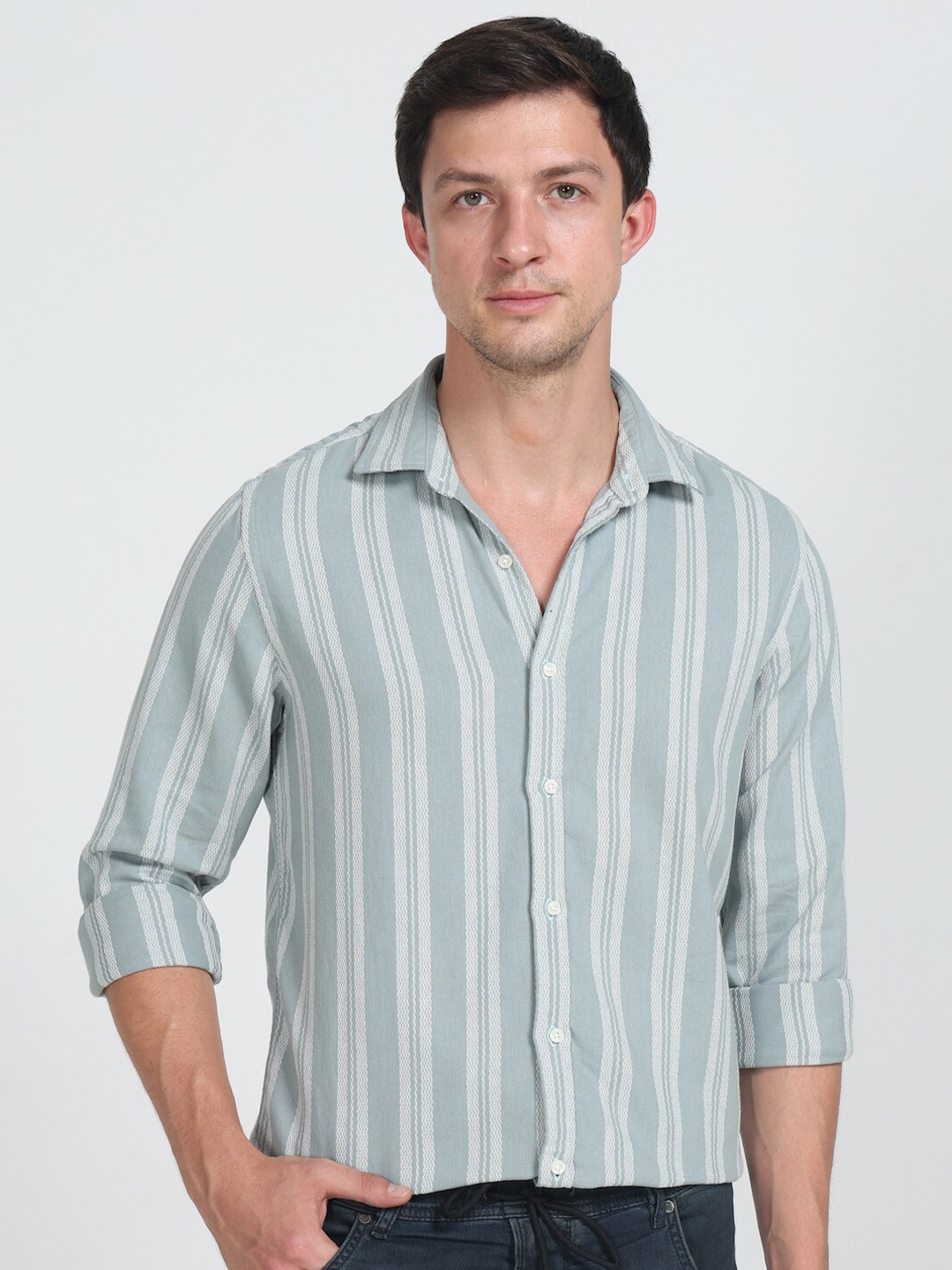 

POE Smart Vertical Striped Slim Fit Cotton Shirt, Green