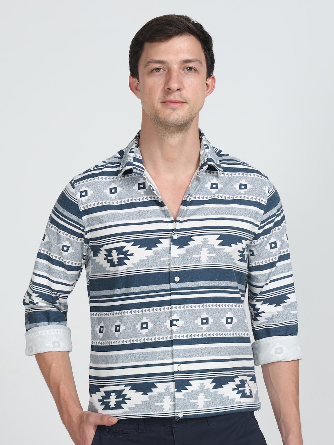 POE Smart Ethnic Motifs Printed Slim Fit Cotton Shirt, Blue