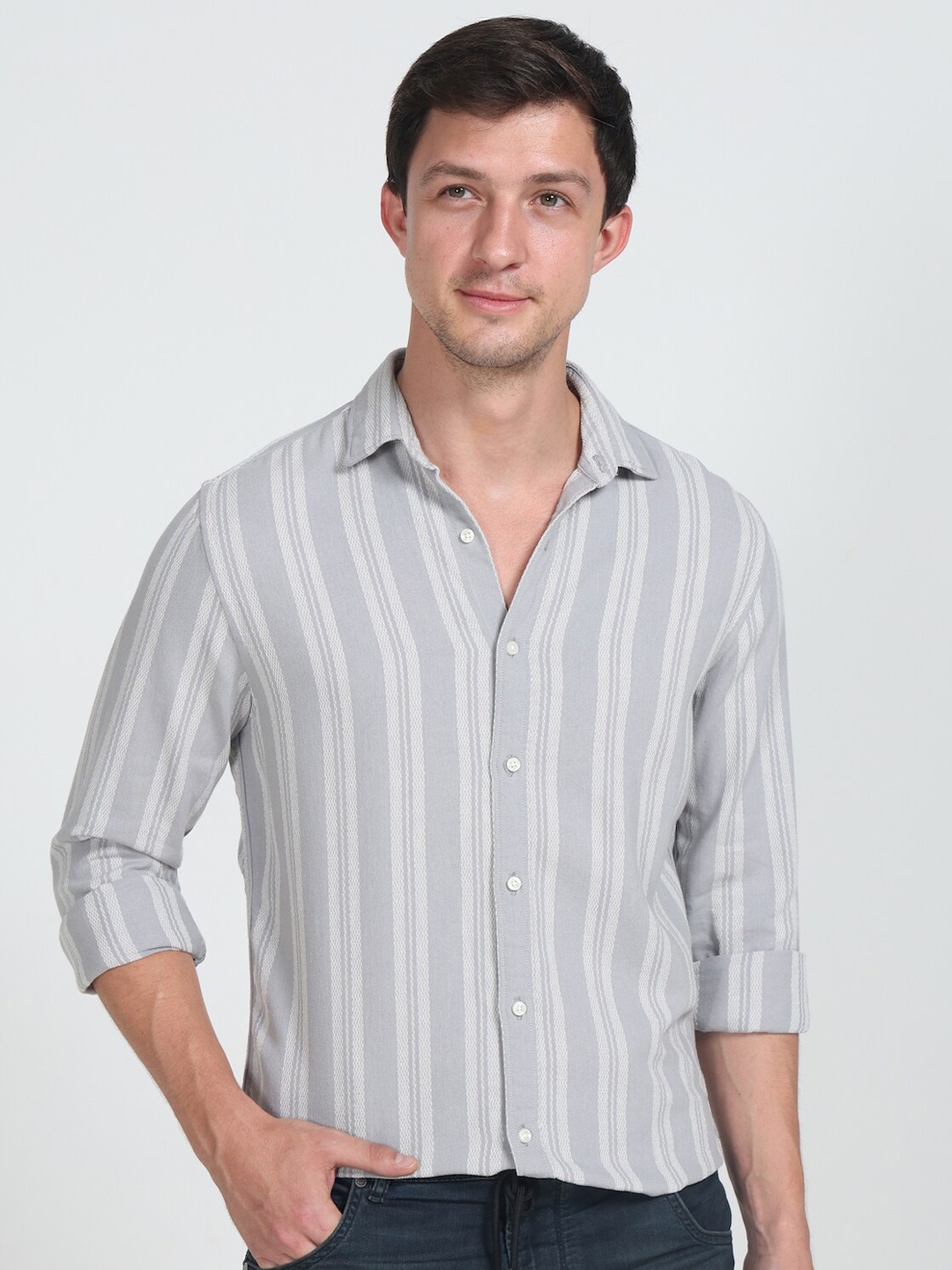 

POE Smart Vertical Striped Slim Fit Cotton Shirt, Grey